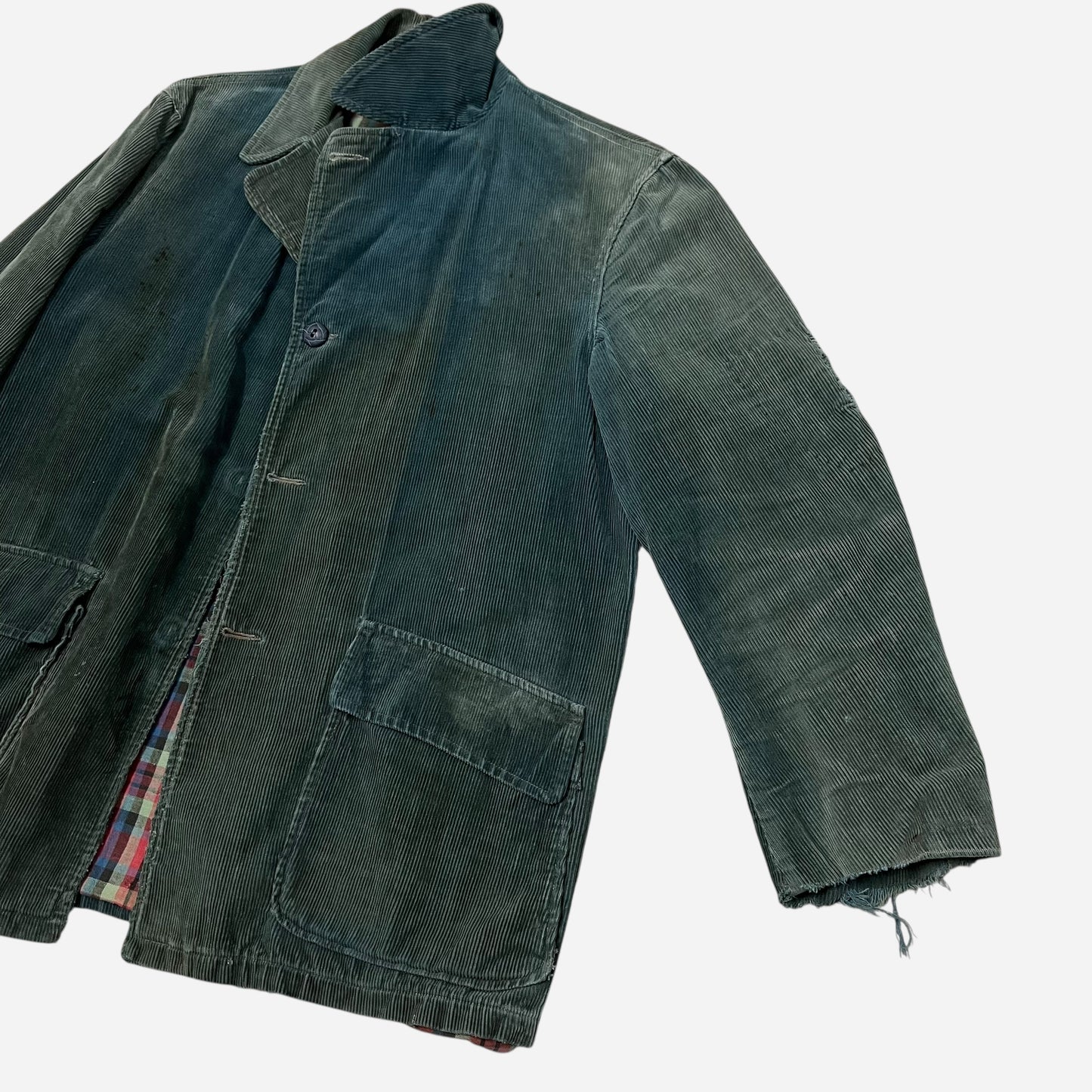 1940s “Rugby” green sun faded corduroy jacket cotton plaid lined (L)