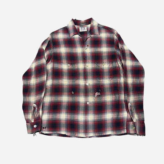 1960s Pilgrim shadow plaid red rayon loop collar shirt (M)