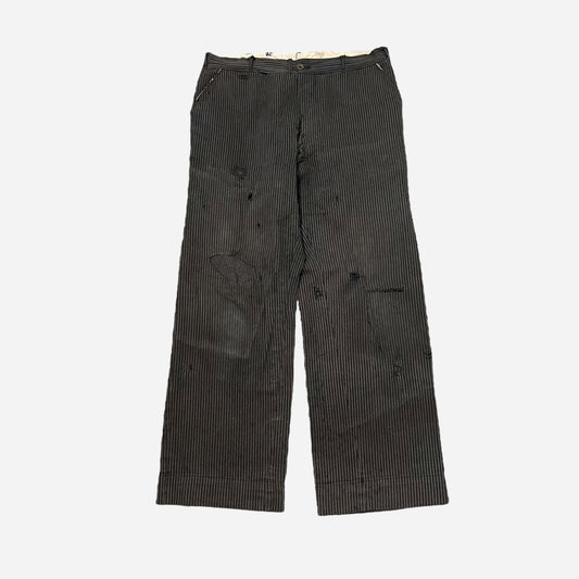 1930s Sweet Orr Stifel Whirlwind striped salt and pepper cotton repaired pants (34w)