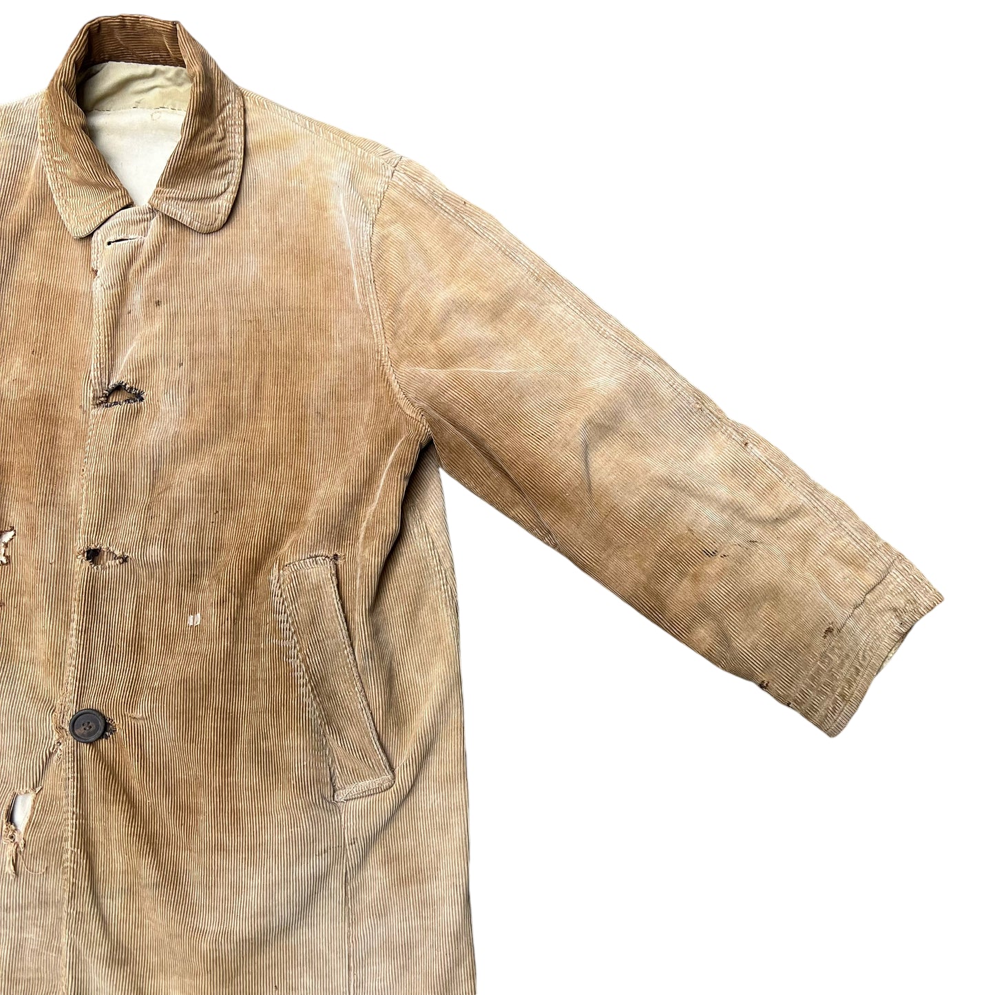 1910s 1920s Distressed & sun faded corduroy/canvas reversible overcoat (L)