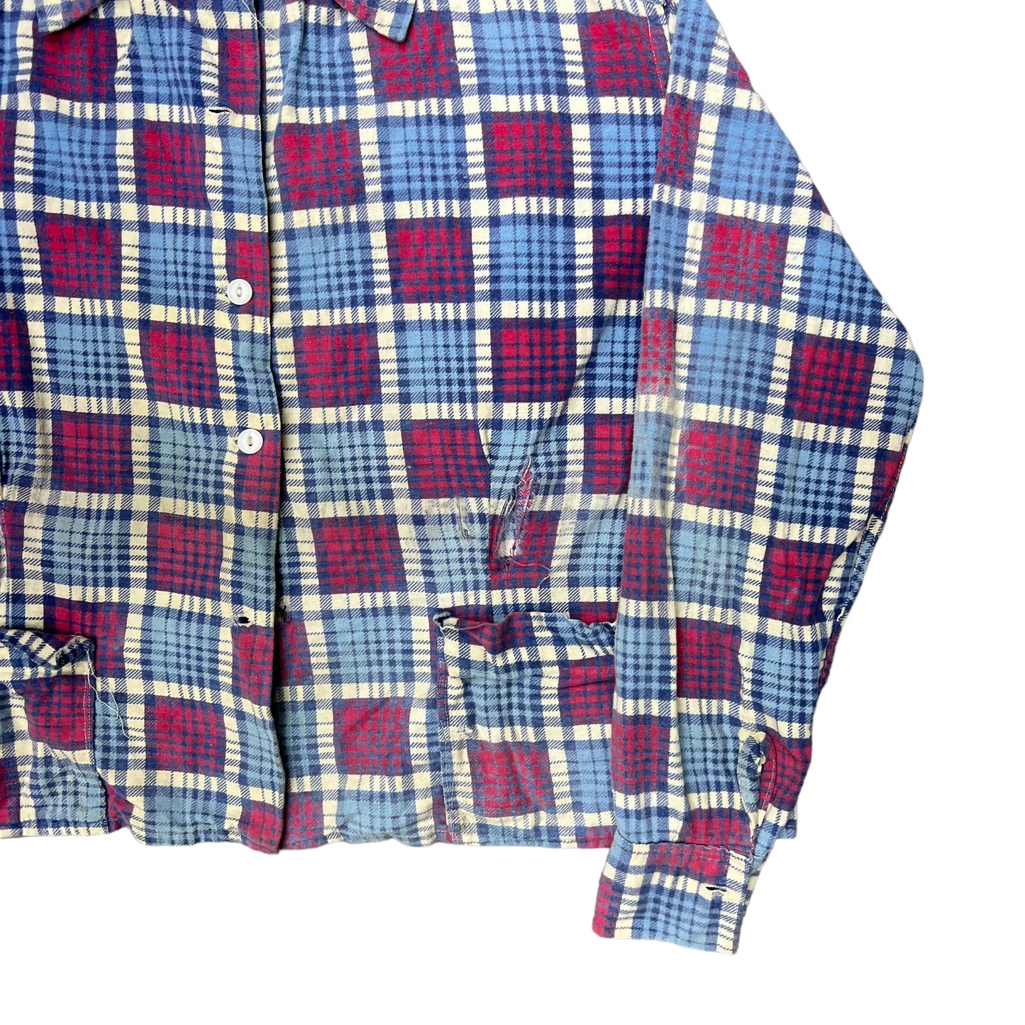 1940s Thrashed boxy cotton plaid printed flannel (L)