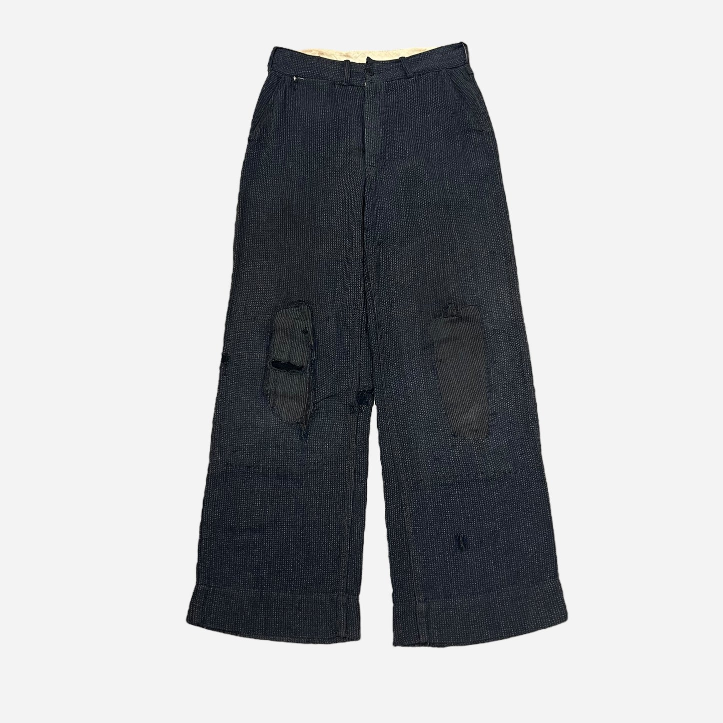 1930s Navy/black side clasp cotton salt & pepper repaired button fly work pants (27w)