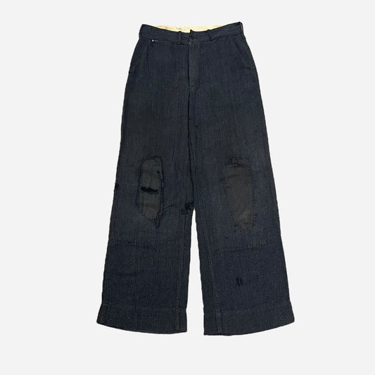 1930s Navy/black side clasp cotton salt & pepper repaired button fly work pants (27w)