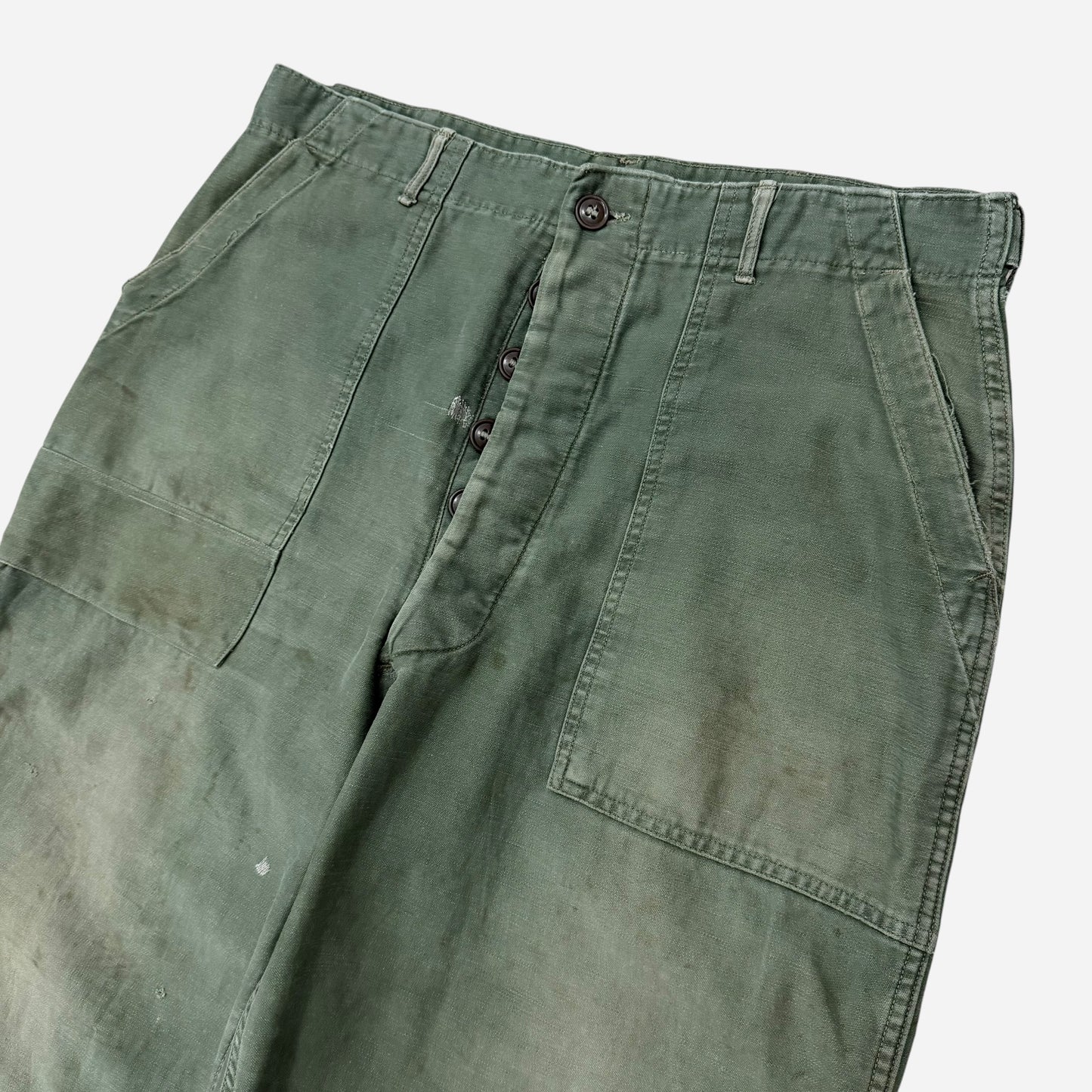 1960s Sun faded & repaired OG 107 US army fatigue pocket pants (35w)