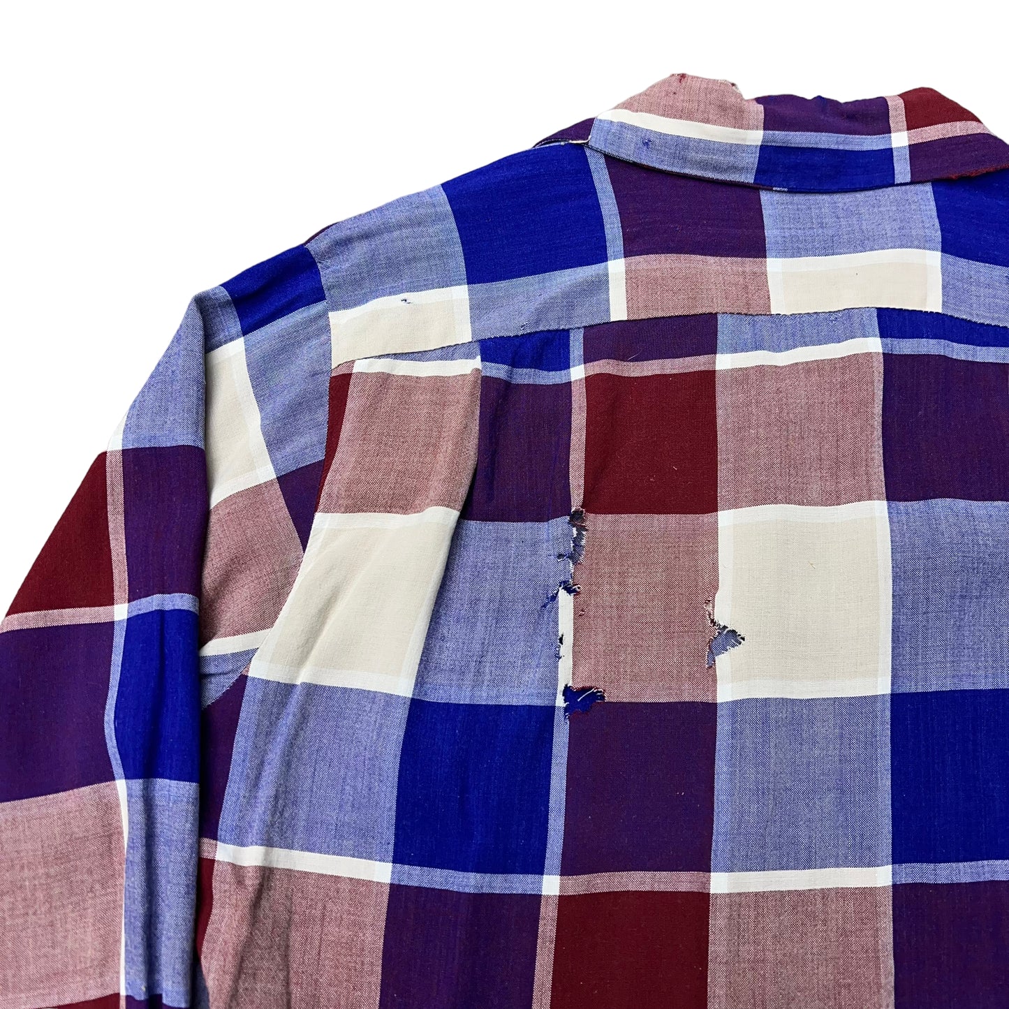 1940s Red & blue box plaid California Sportswear rayon loop collar shirt (M)