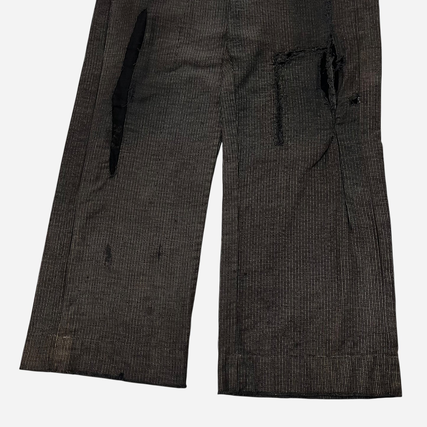 1930s Coltex striped cotton salt & pepper wood button fly repaired work pants (30w)