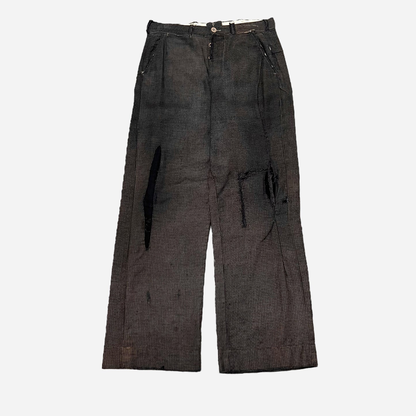 1930s Coltex striped cotton salt & pepper wood button fly repaired work pants (30w)