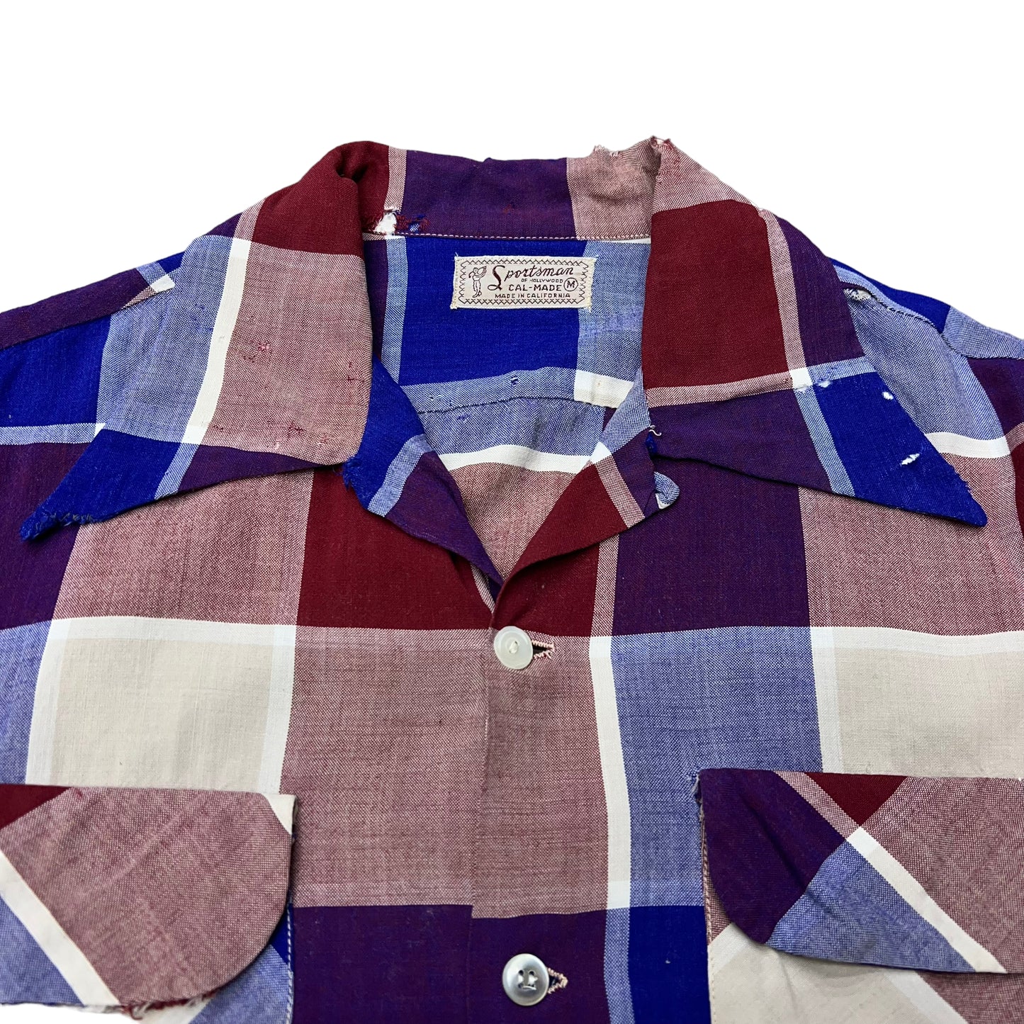 1940s Red & blue box plaid California Sportswear rayon loop collar shirt (M)