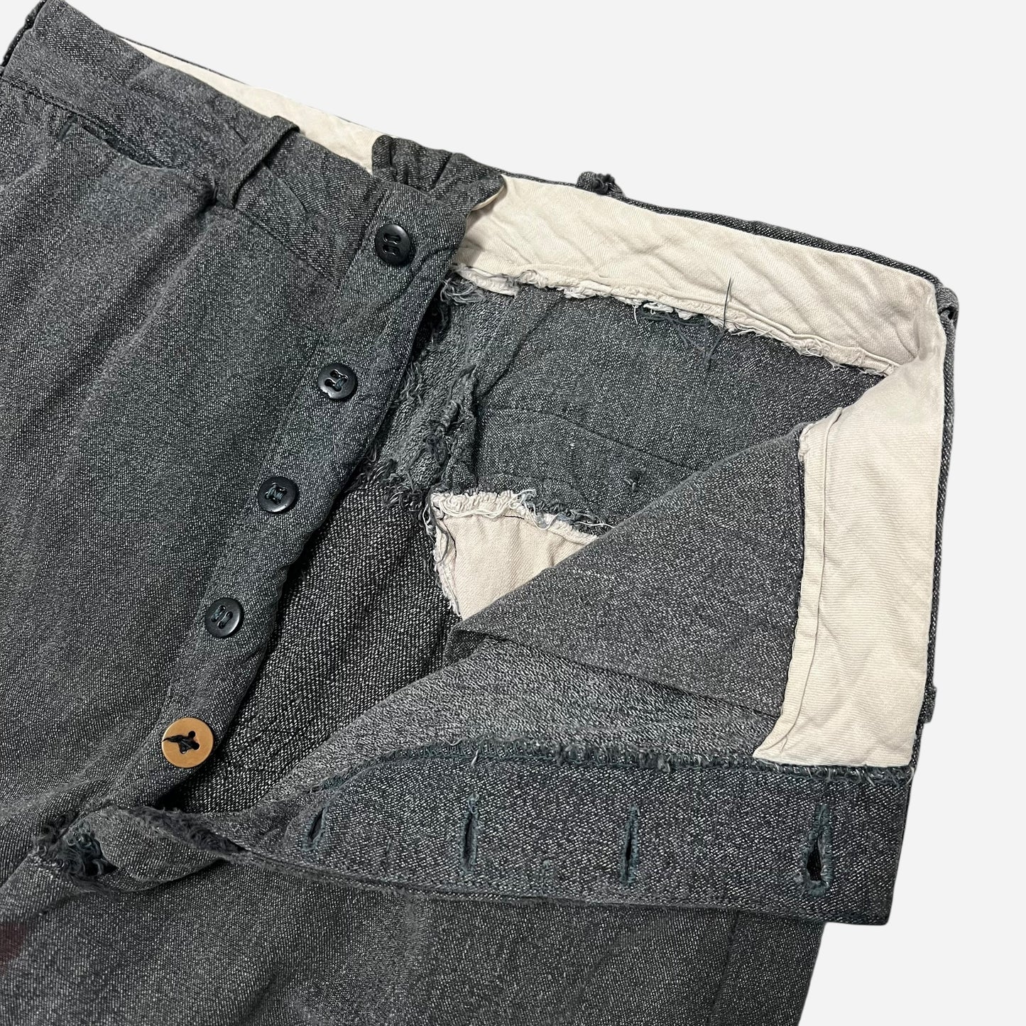 1940s Heavily repaired salt & pepper button fly work pants (30w)