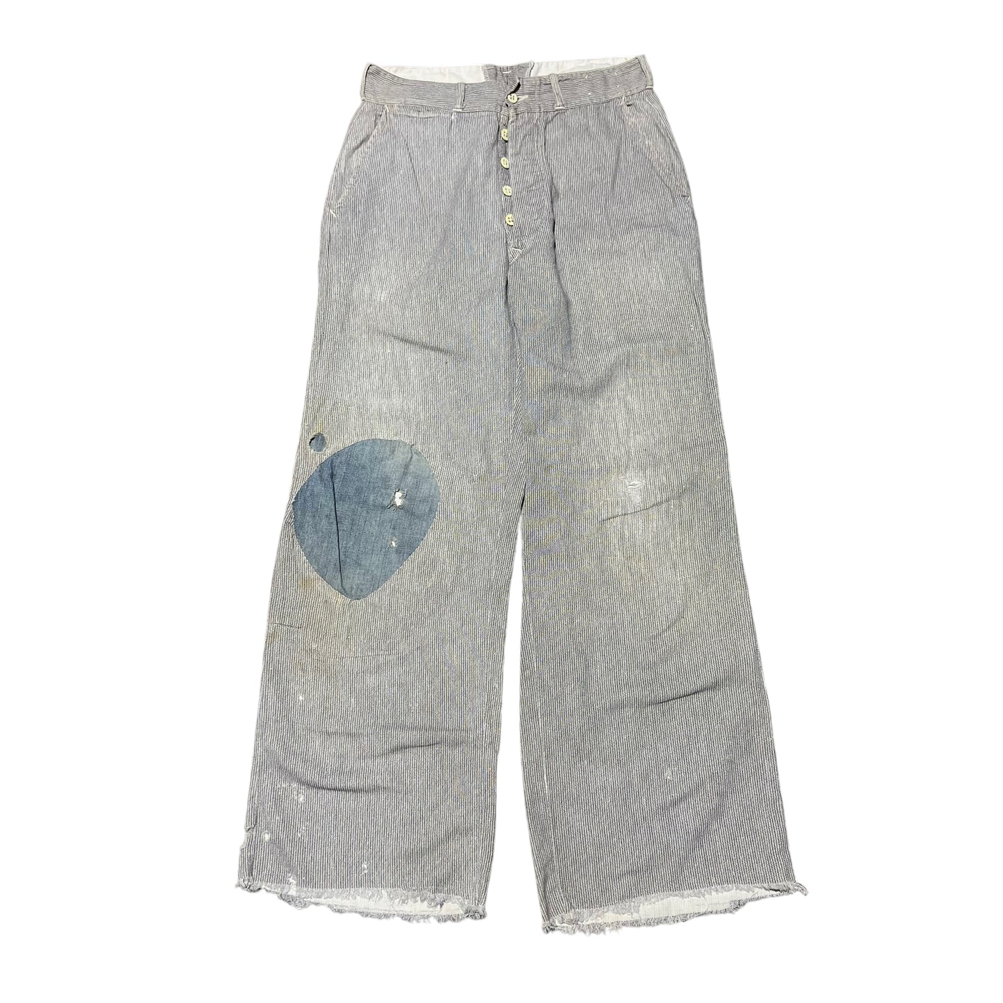 1930s Light cotton striped salt & pepper button fly work pants (28w)