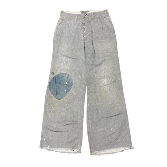 1930s Light cotton striped salt & pepper button fly work pants (28w)