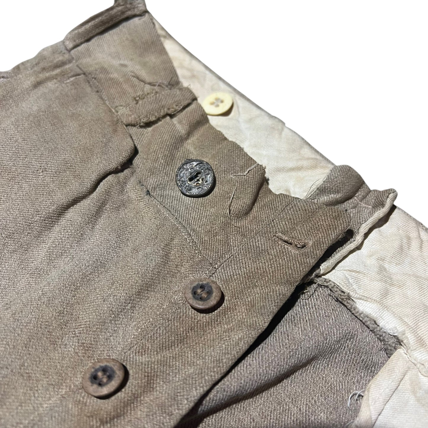 1920s 1930s Tan wool button fly single pleat work pants (29w)