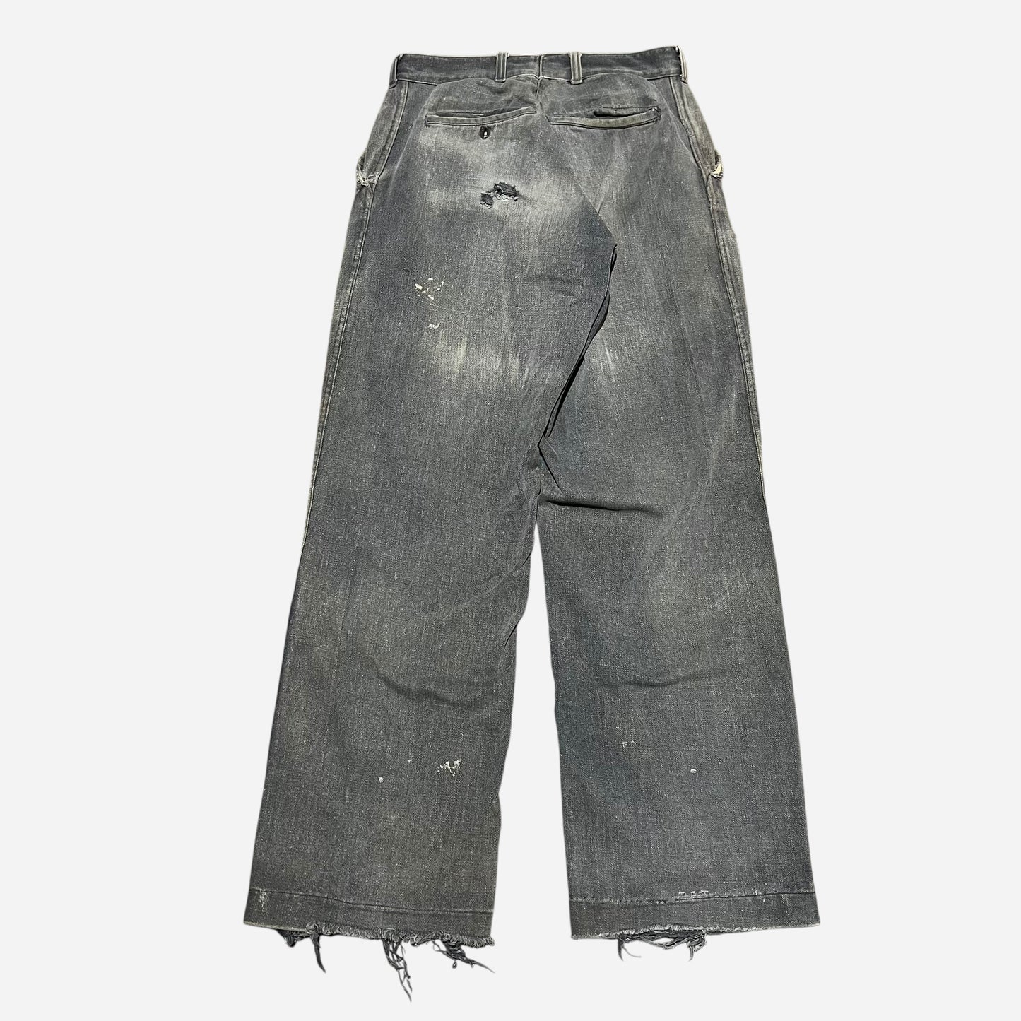 1940s Sweet Orr Ace button black sun faded denim/twill cotton repaired pants (30w)