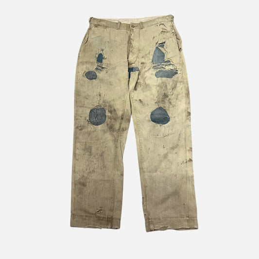 1920s Denim repaired tan cotton button fly work pants (31w)