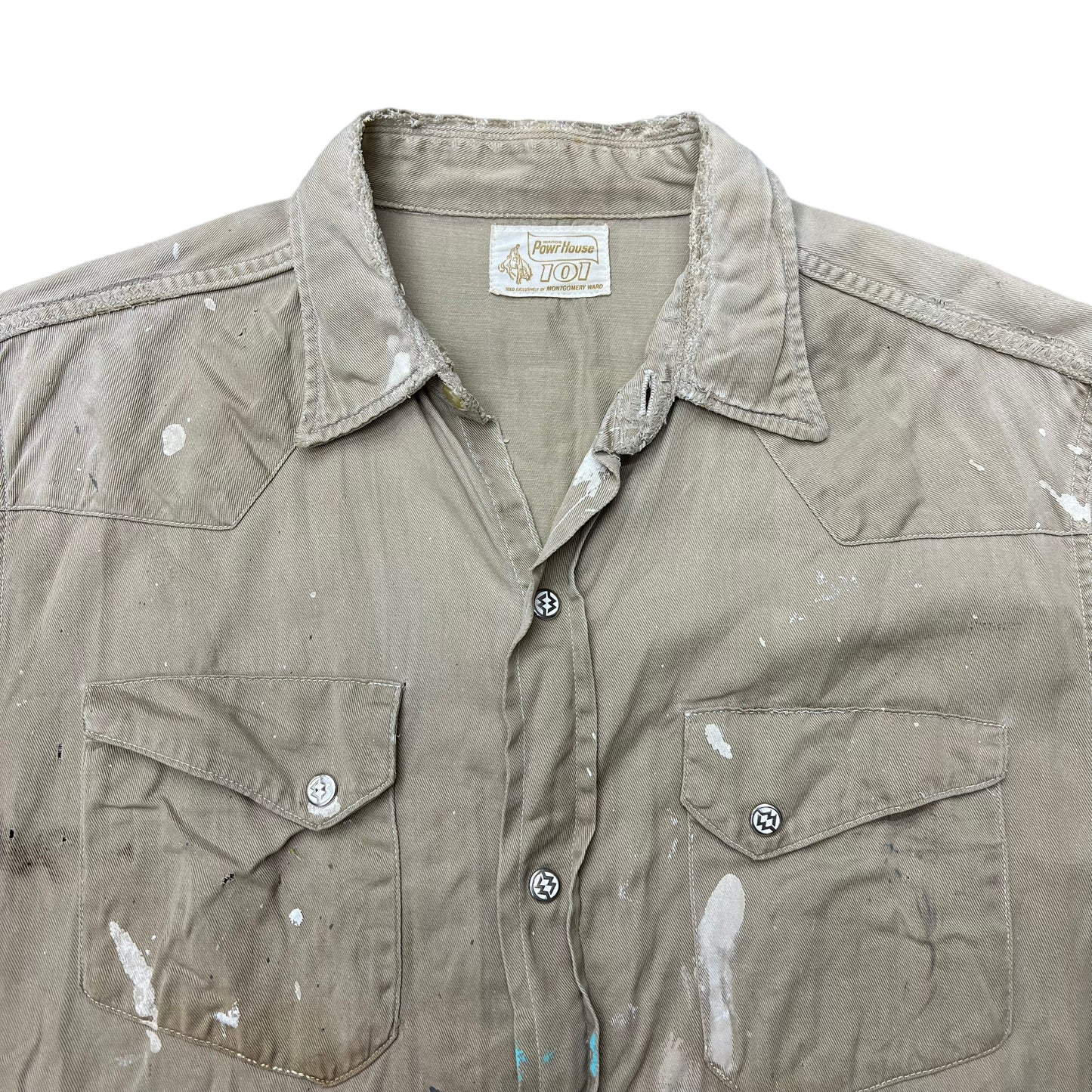 1950s Montgomery Ward Power House khaki slant pocket pearl snap shirt (M)