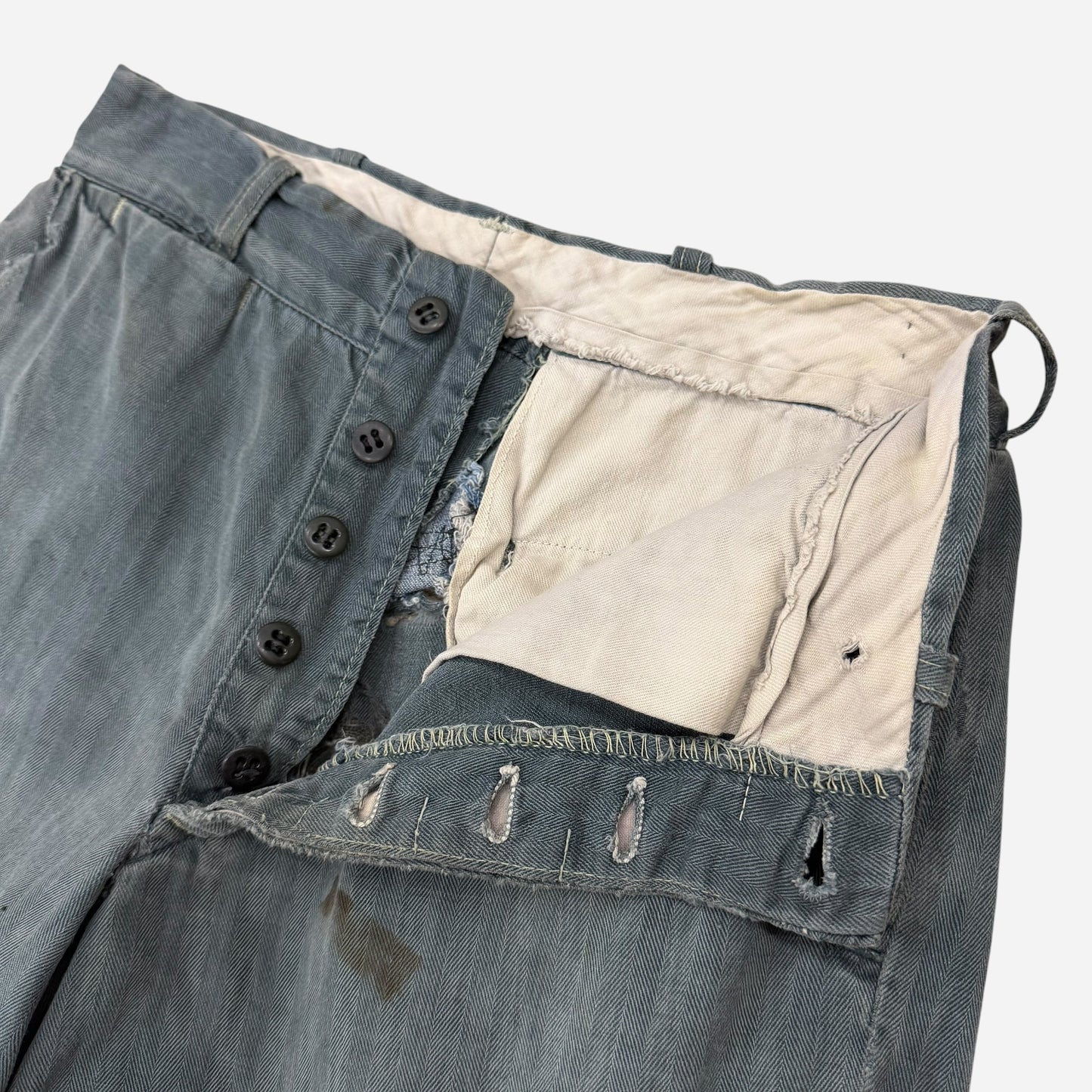 1950s Lee button fly cotton HBT green/blue repaired work pants (28w)