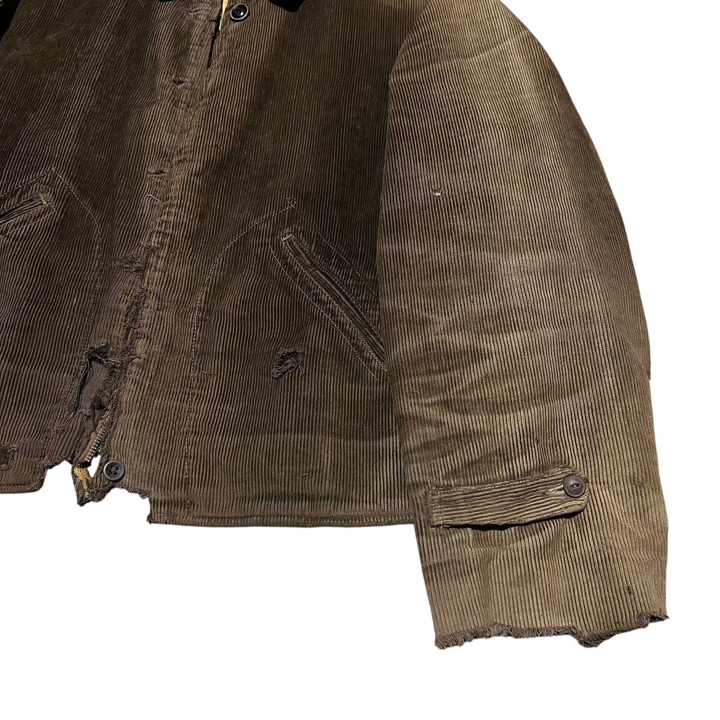 1930s Brown sun faded distressed corduroy half belt work jacket (M)