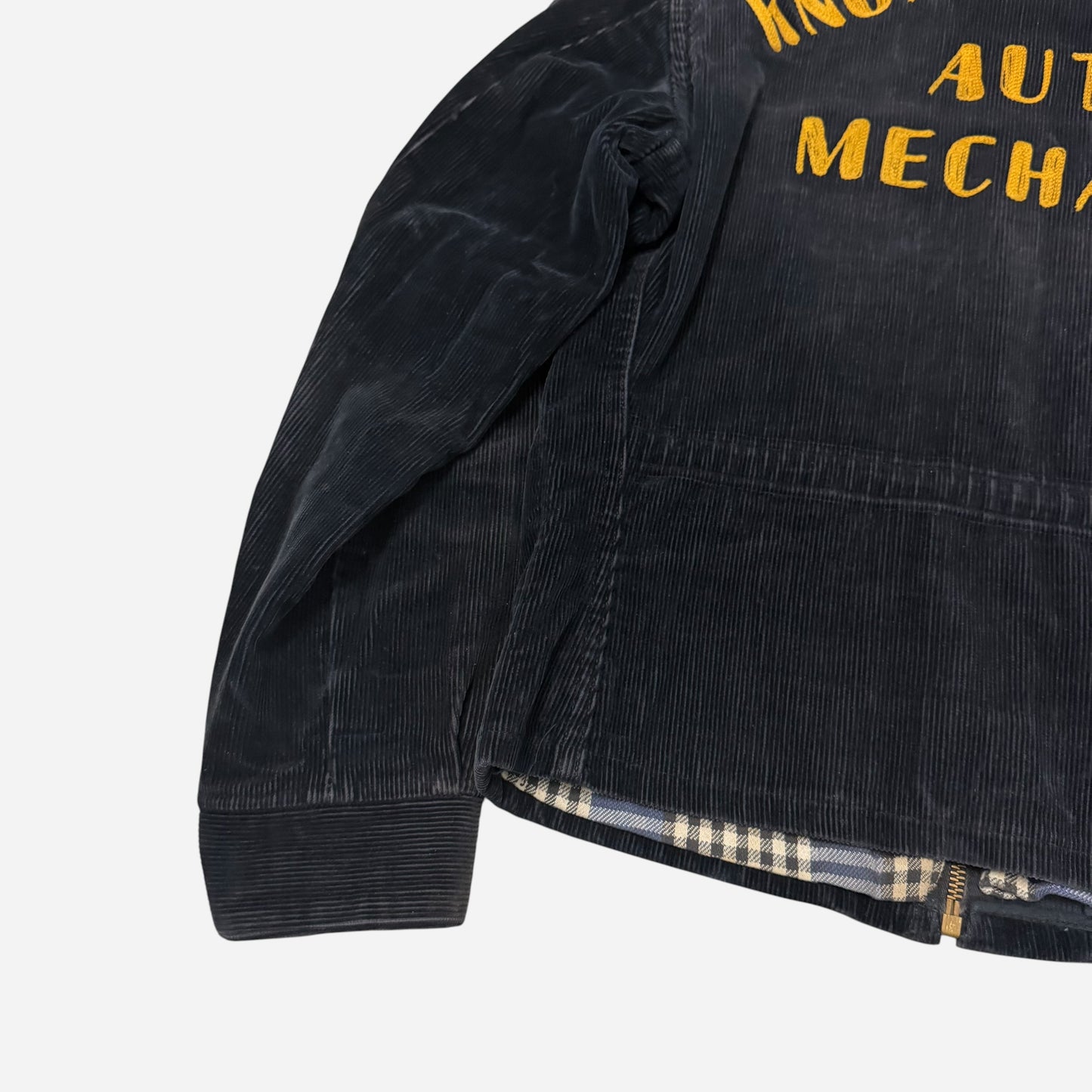 1950s Black corduroy chainstitch mechanic jacket cotton plaid liner (M/L)