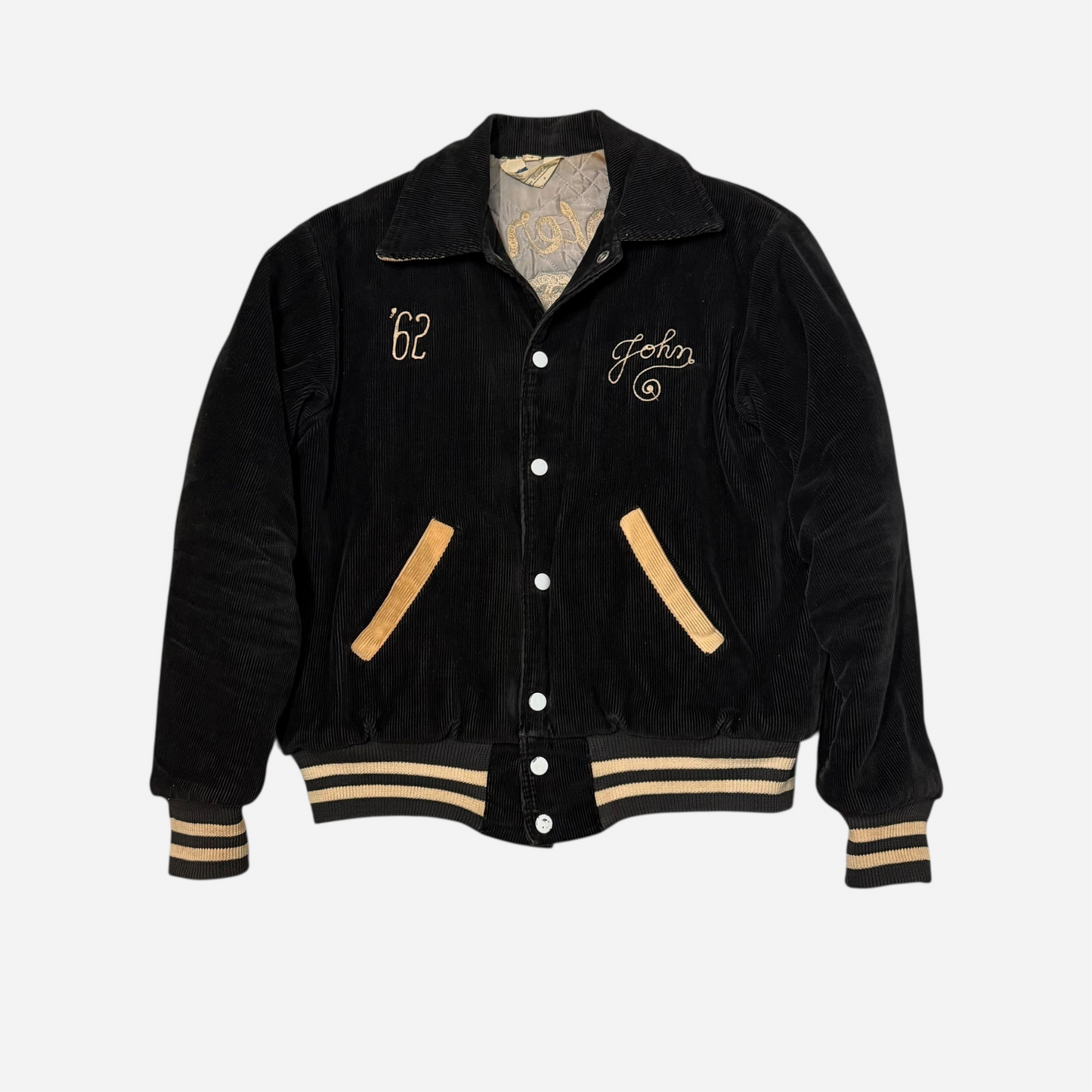 1960s Black corduroy chain stitched embroidered quilt lined jacket (M)