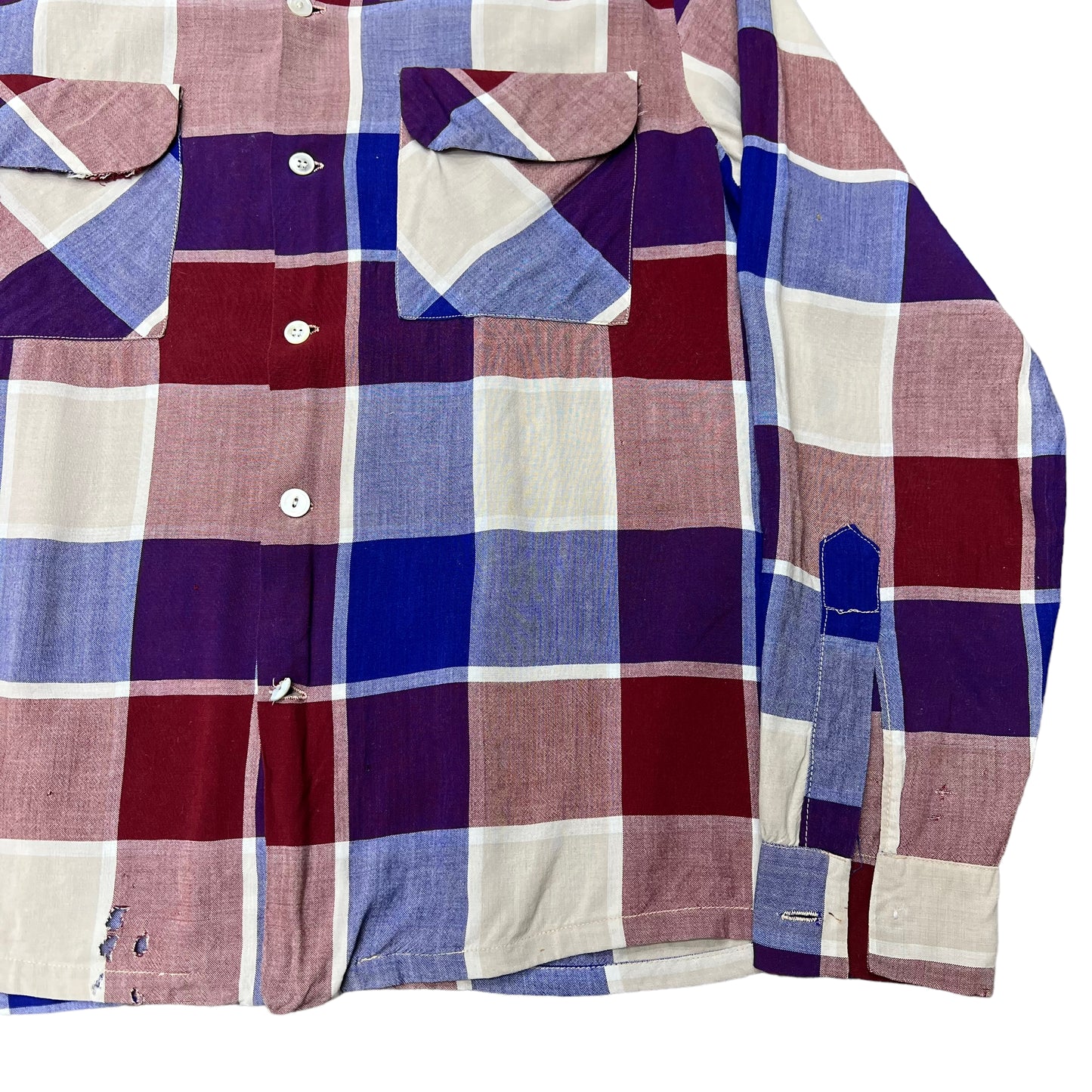 1940s Red & blue box plaid California Sportswear rayon loop collar shirt (M)