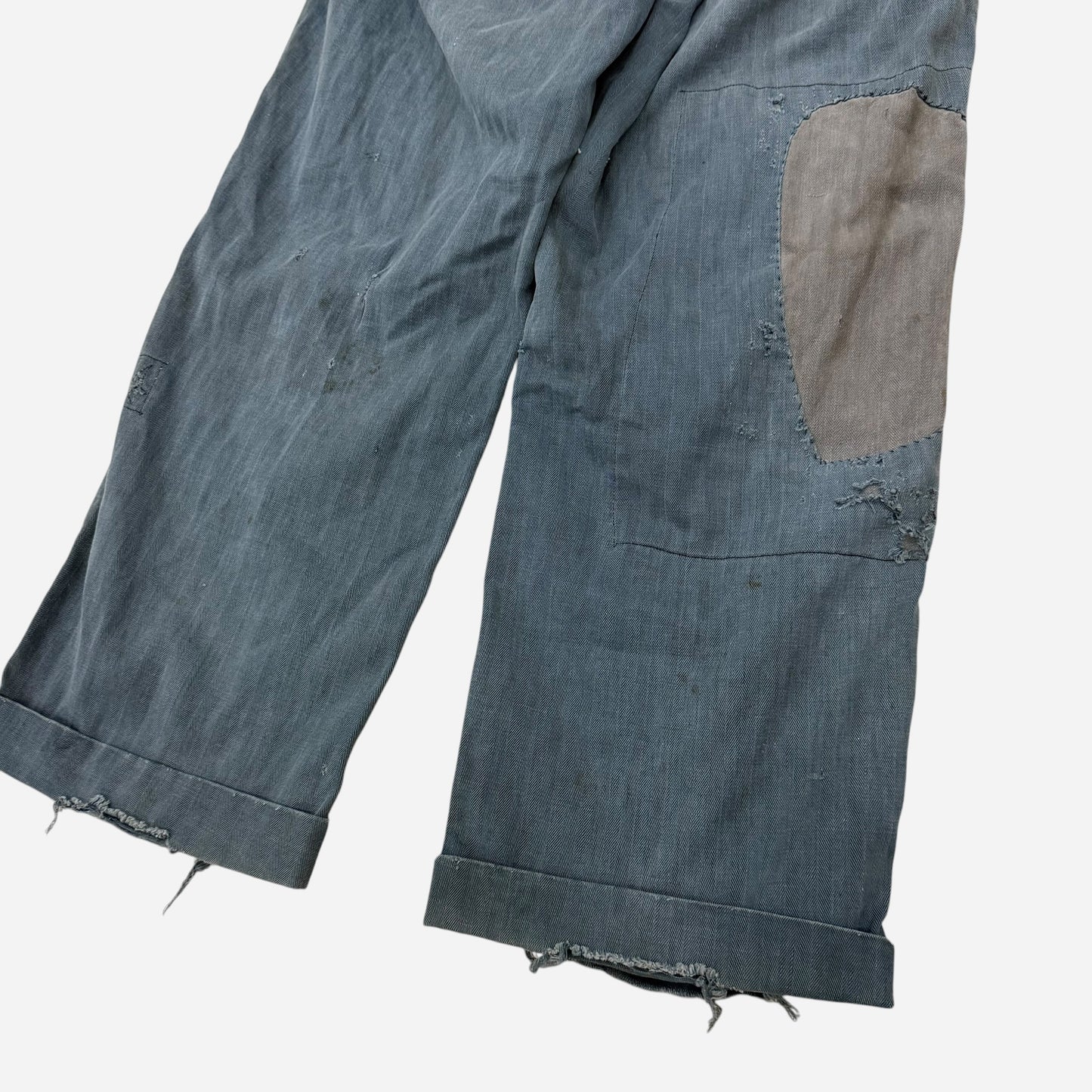 1950s Lee button fly cotton HBT green/blue repaired work pants (28w)