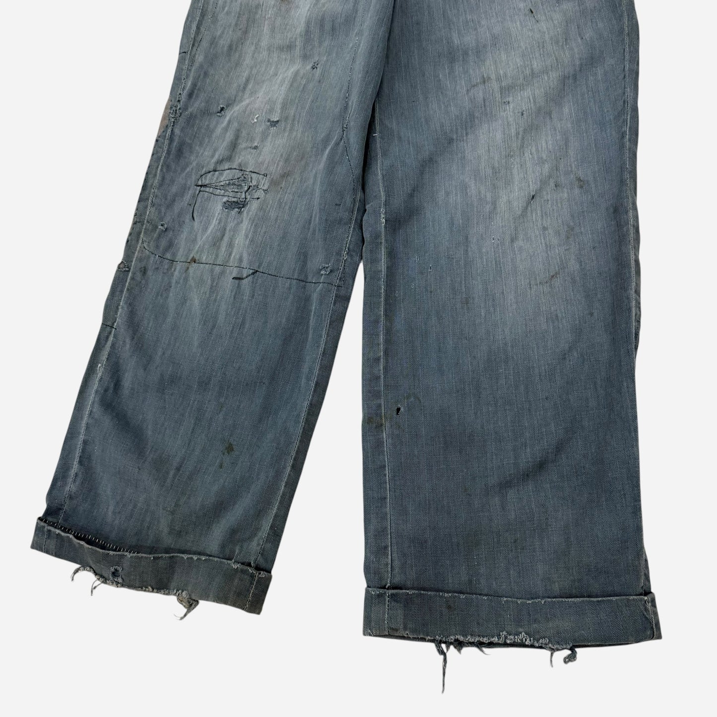 1950s Lee button fly cotton HBT green/blue repaired work pants (28w)