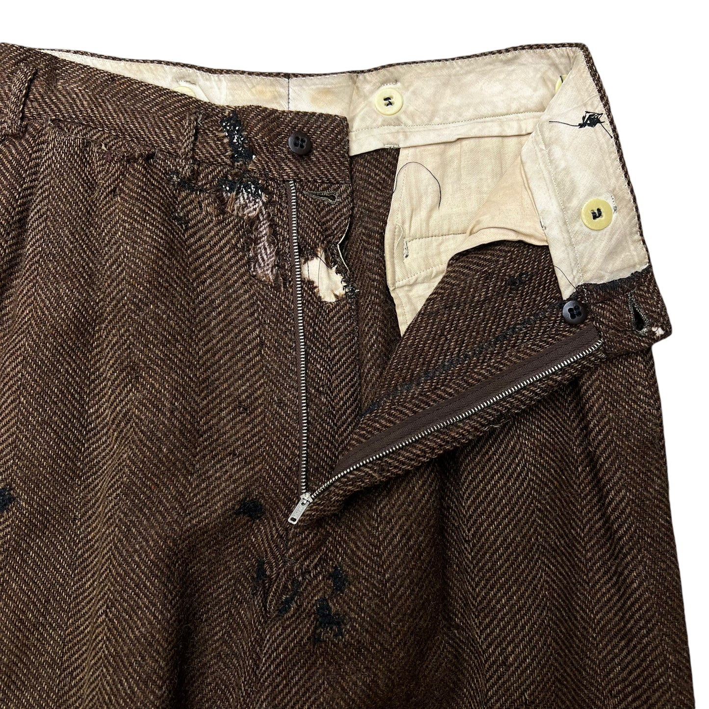 1940s Repaired brown tweed pleated pants trousers (28w)