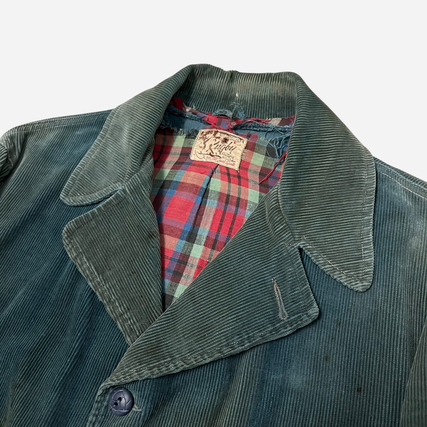 1940s “Rugby” green sun faded corduroy jacket cotton plaid lined (L)