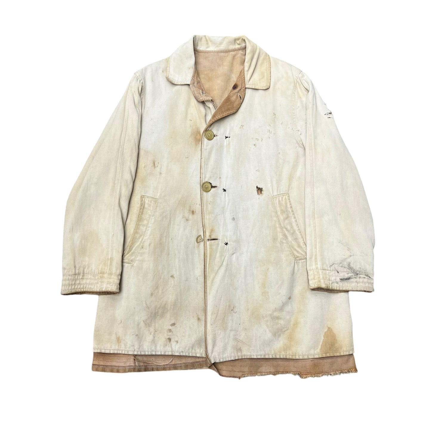 1910s 1920s Distressed & sun faded corduroy/canvas reversible overcoat (L)