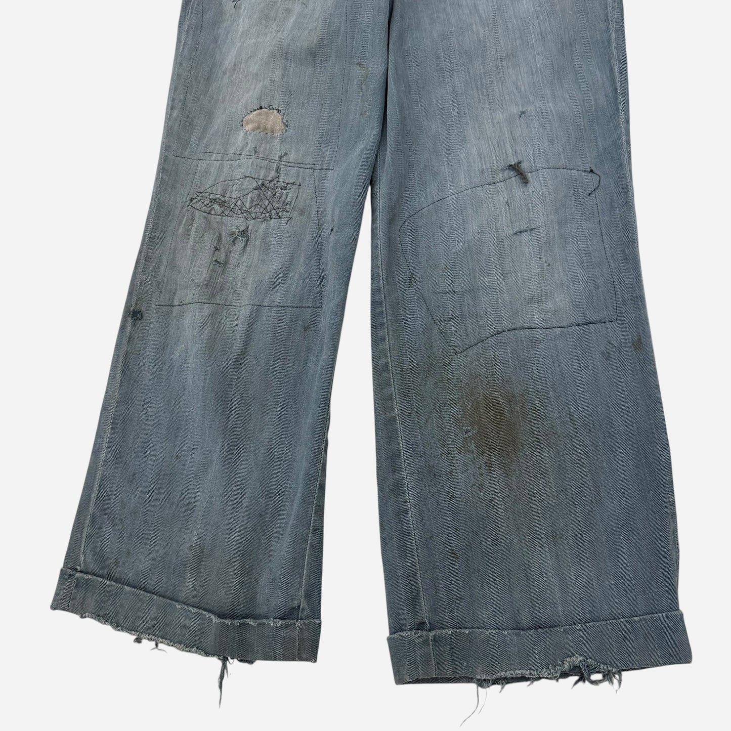 1950s Lee button fly cotton HBT green/blue repaired work pants (28w)