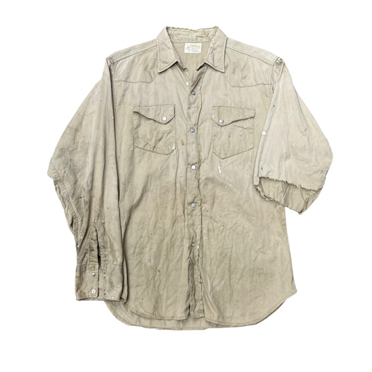 1950s Montgomery Ward Power House khaki slant pocket pearl snap shirt (M)