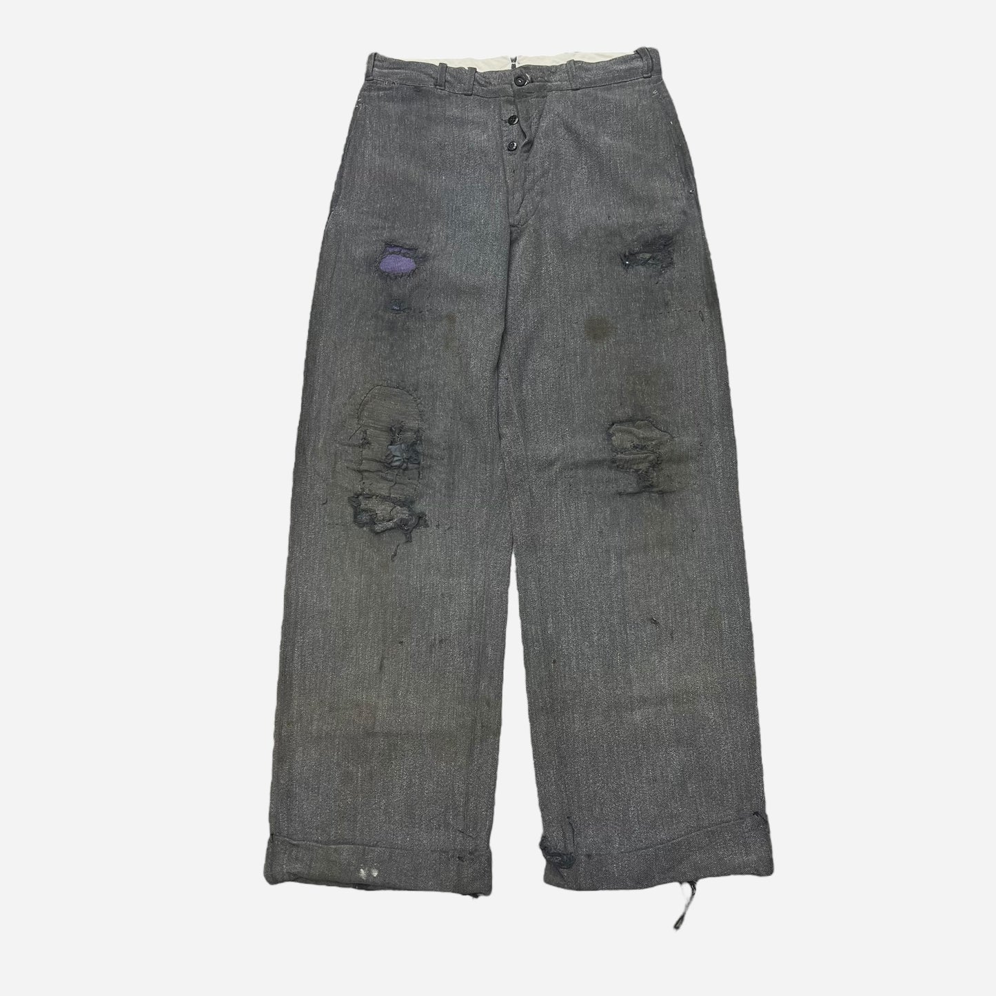 1940s Salt and pepper cotton repaired button fly work pants (31w)