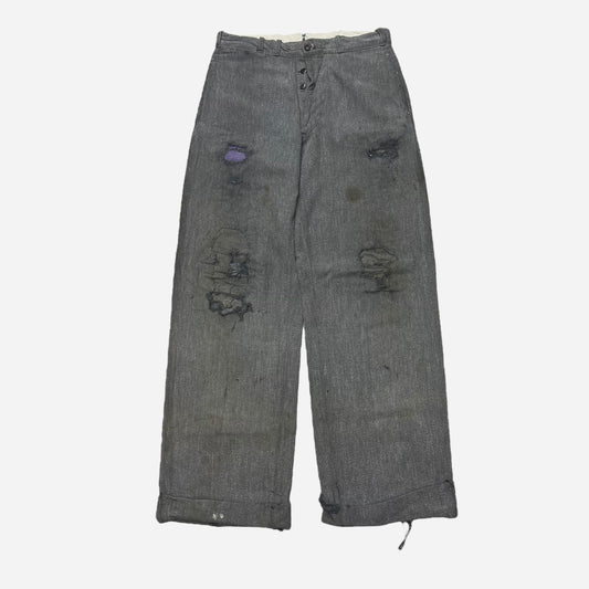 1940s Salt and pepper cotton repaired button fly work pants (31w)
