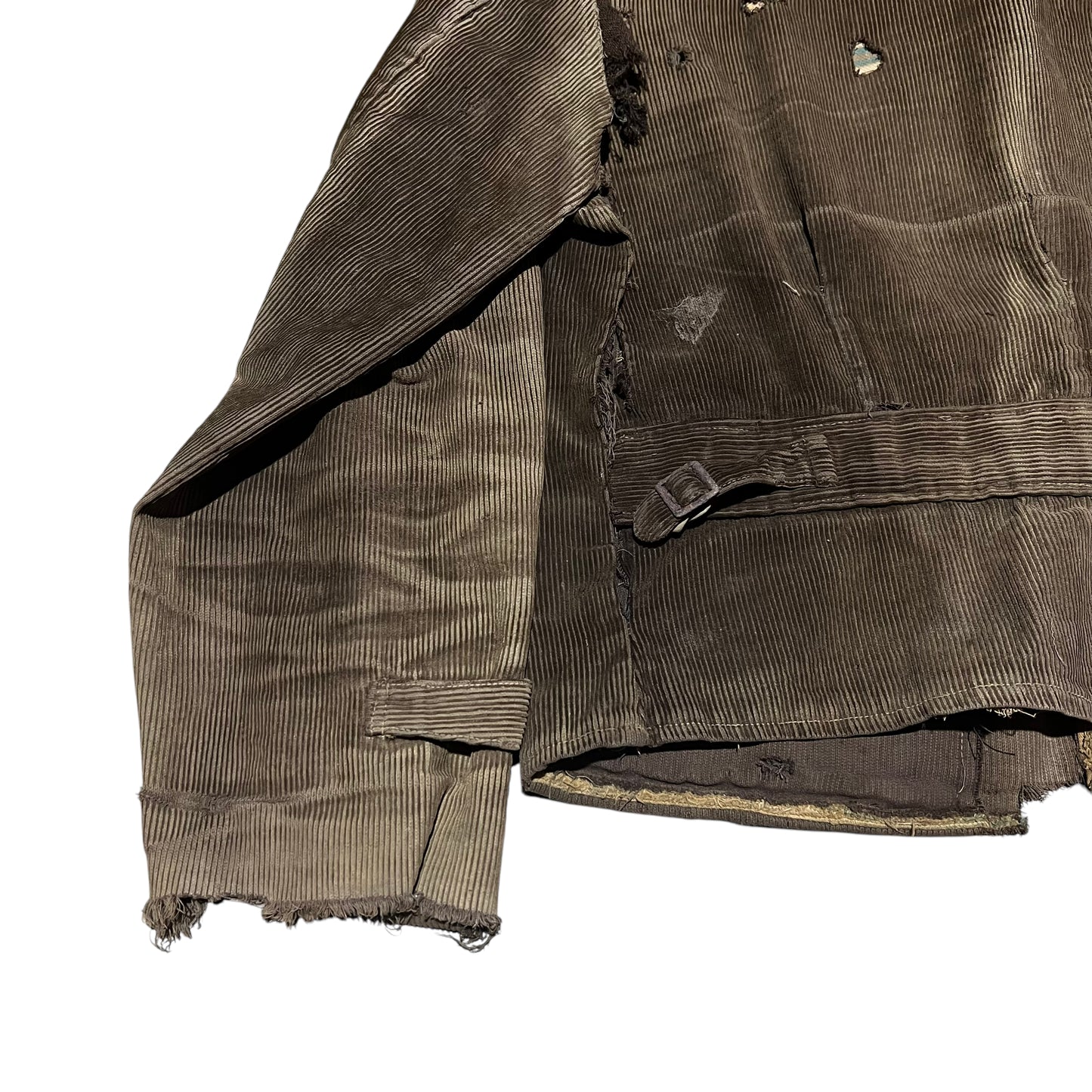 1930s Brown sun faded distressed corduroy half belt work jacket (M)