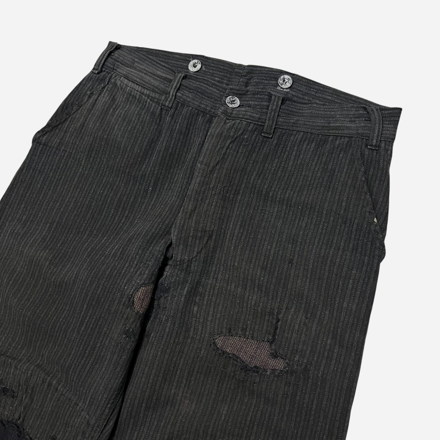 1930s Sweet Orr cotton striped salt & pepper heavily repaired pants (30w)