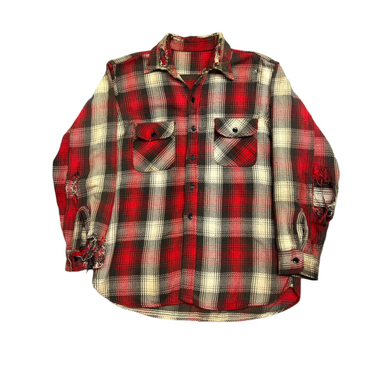 1960s Red plaid heavy cotton flannel (M)