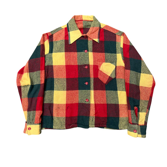 1940s Women’s red box plaid wool shirt flannel (S)