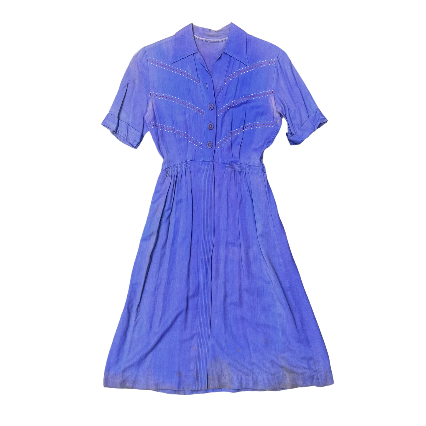 1940s Faded blue/purple gabardine farm dress (26w)