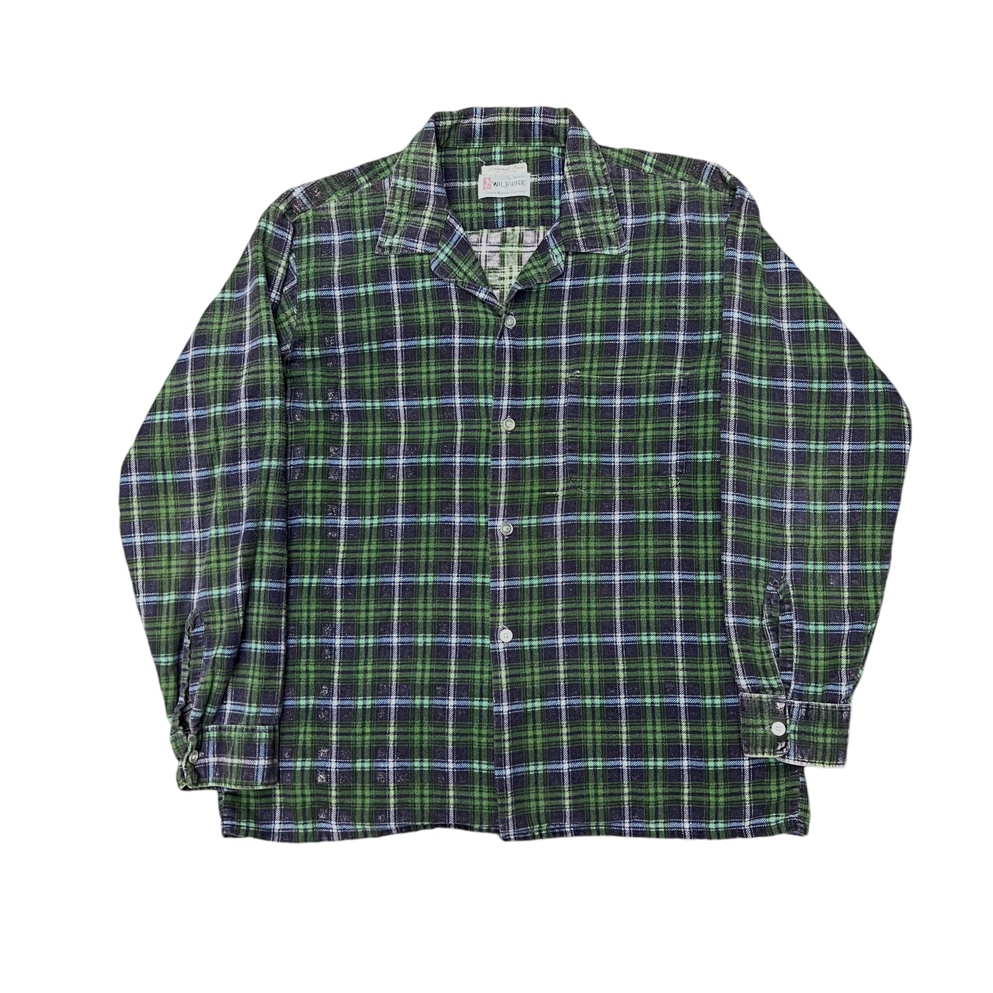 1960s Green cotton printed plaid shirt flannel (L)