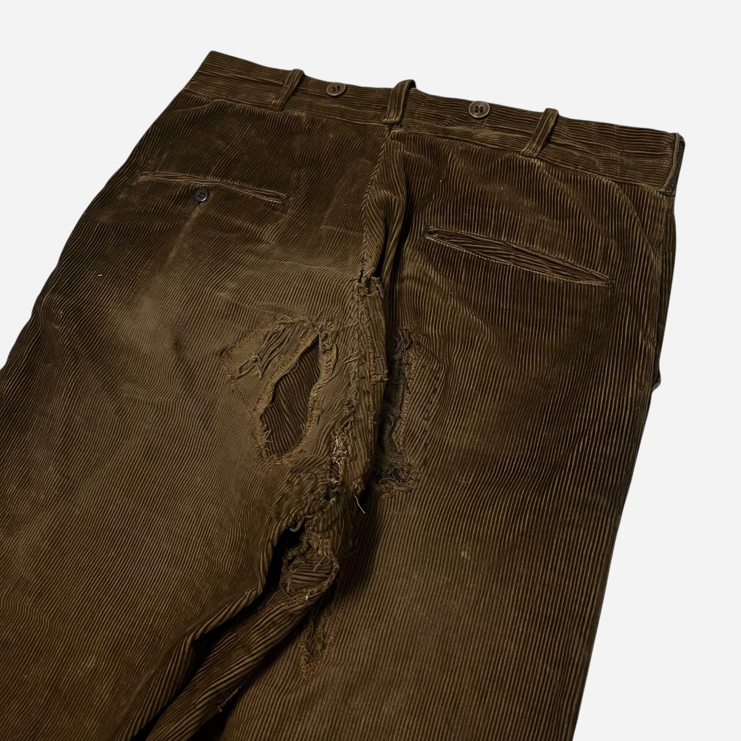 1920s Brown corduroy double button fly heavily repaired pants (32w)