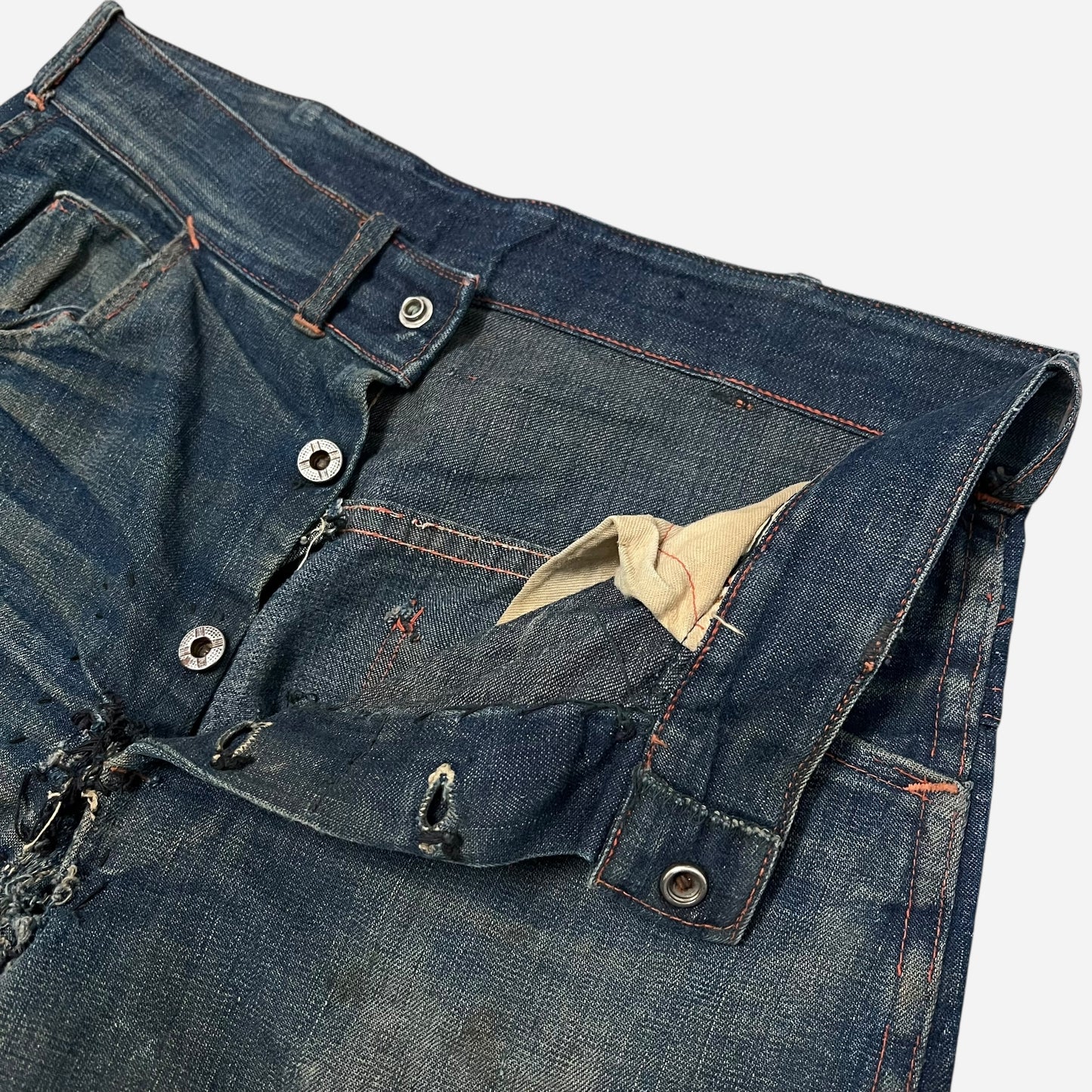 1940s Dark wash ghost buckle back donut button fly jeans (29w)