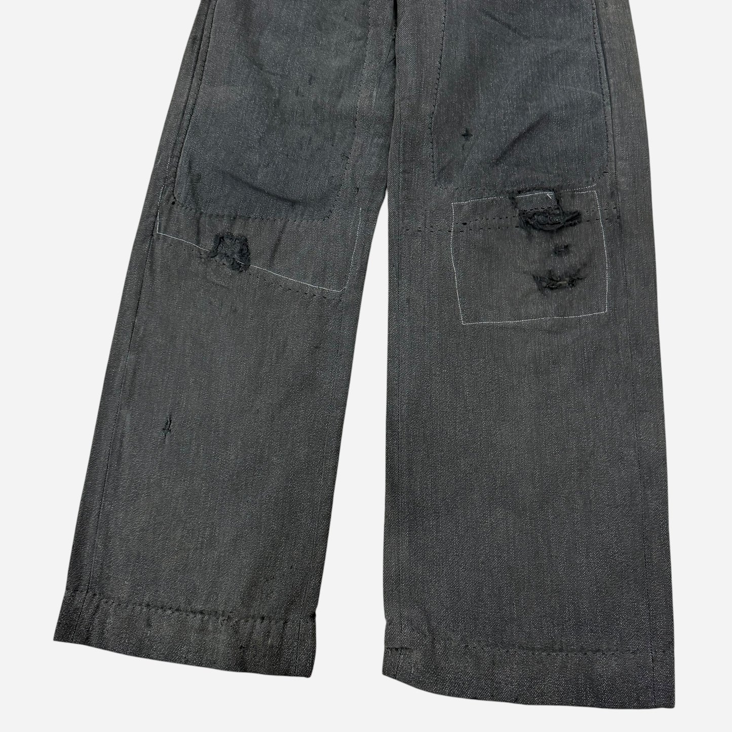1940s Heavily repaired button fly salt & pepper cotton work pants (29w)
