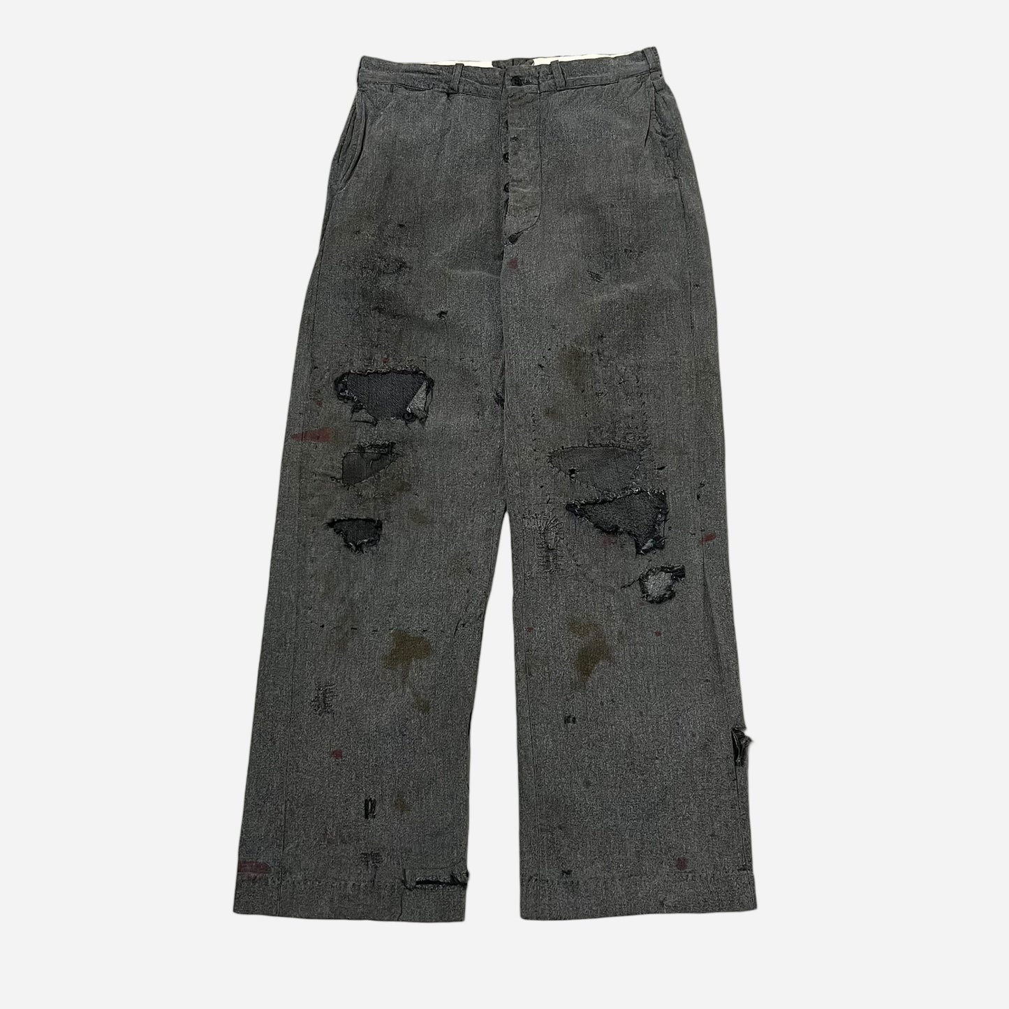 1940s Heavily repaired salt & pepper button fly work pants (30w)