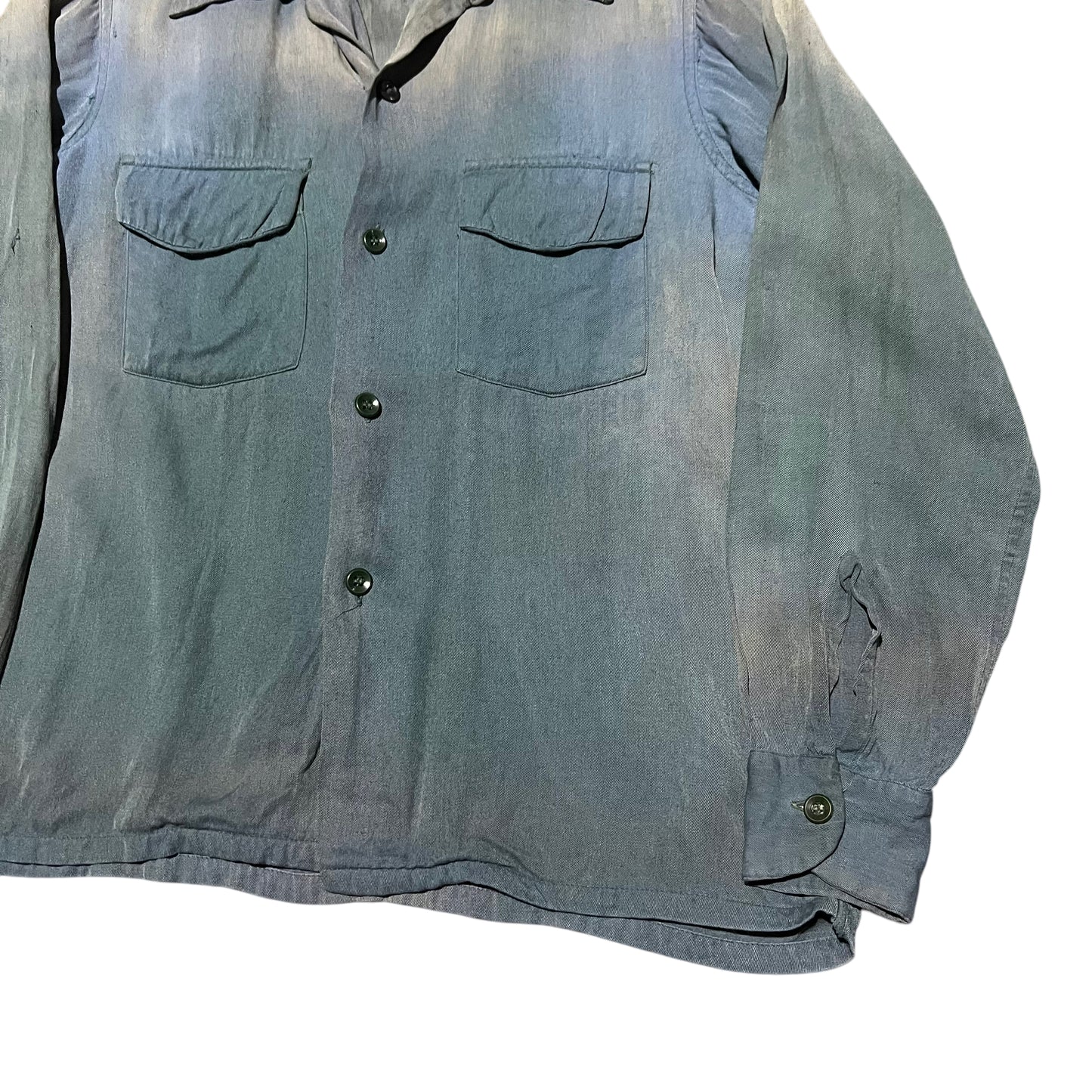 1940s Blue rayon loop collar shirt farmer worn dart collar (S)