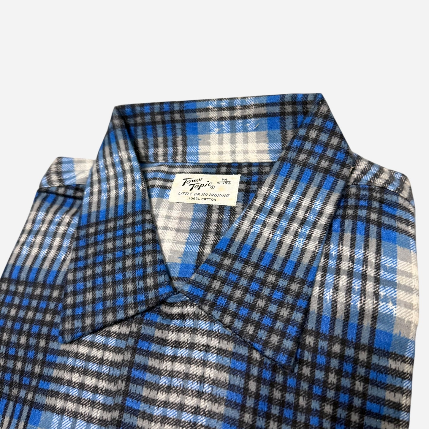 1950s NOS Town Topic blue shadow plaid cotton flannel loop collar shirt (M)