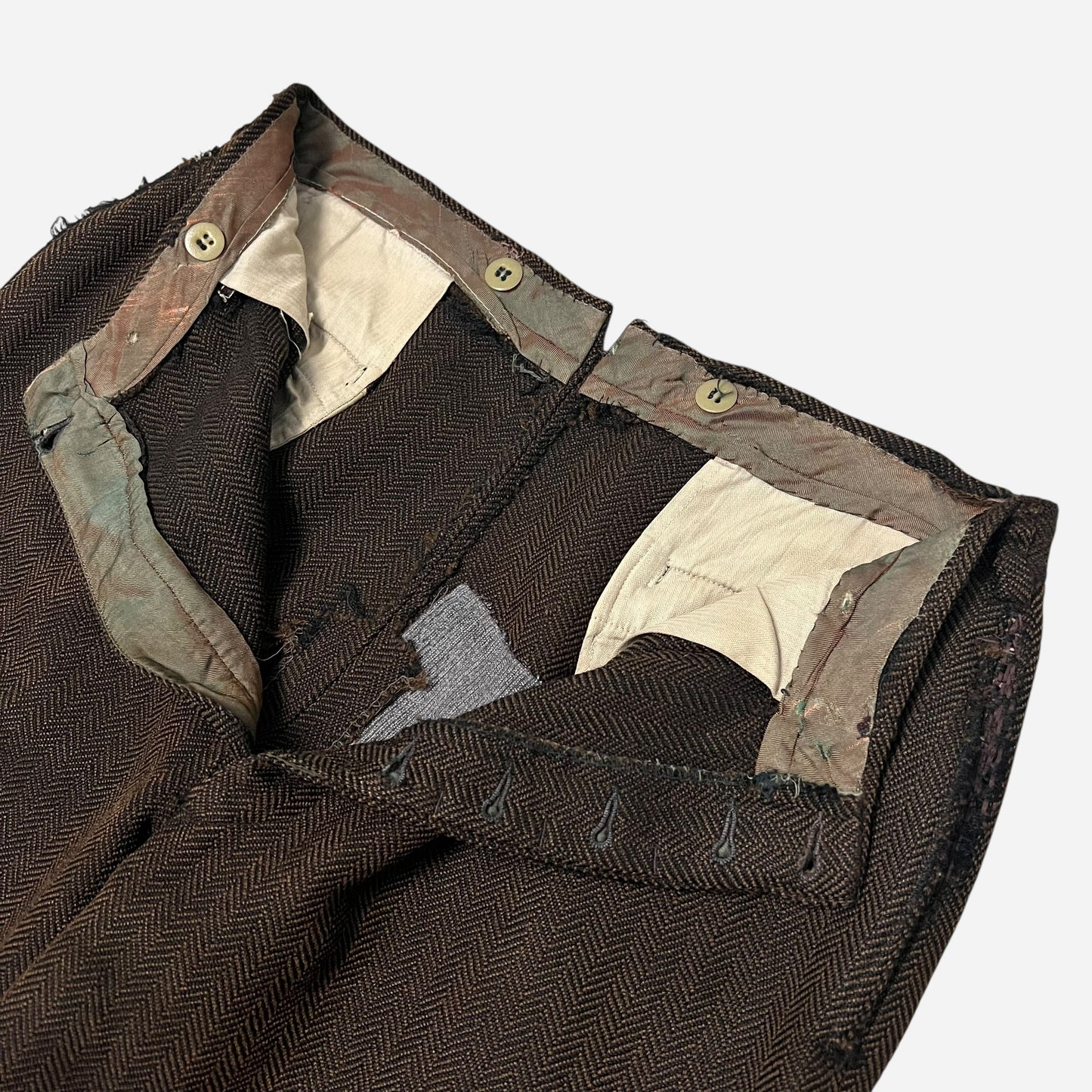 1930s Brown tweed herringbone button fly Stifel repaired pleated work pants (31w)
