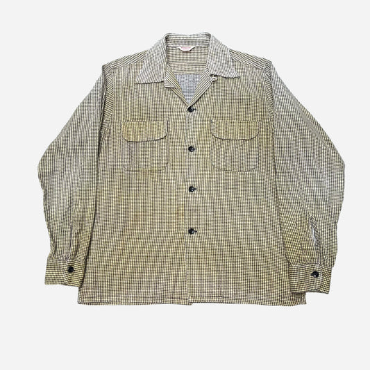 1950s Pilgrim sun faded yellow houndstooth cotton printed loop collar shirt flannel (M/L)