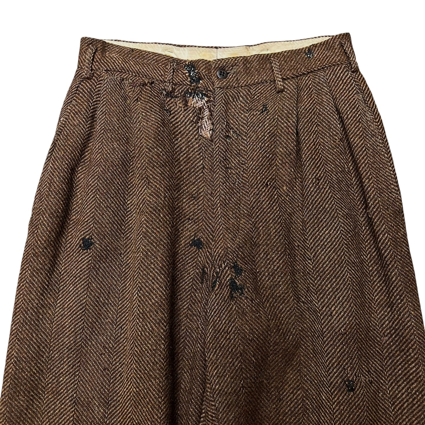 1940s Repaired brown tweed pleated pants trousers (28w)