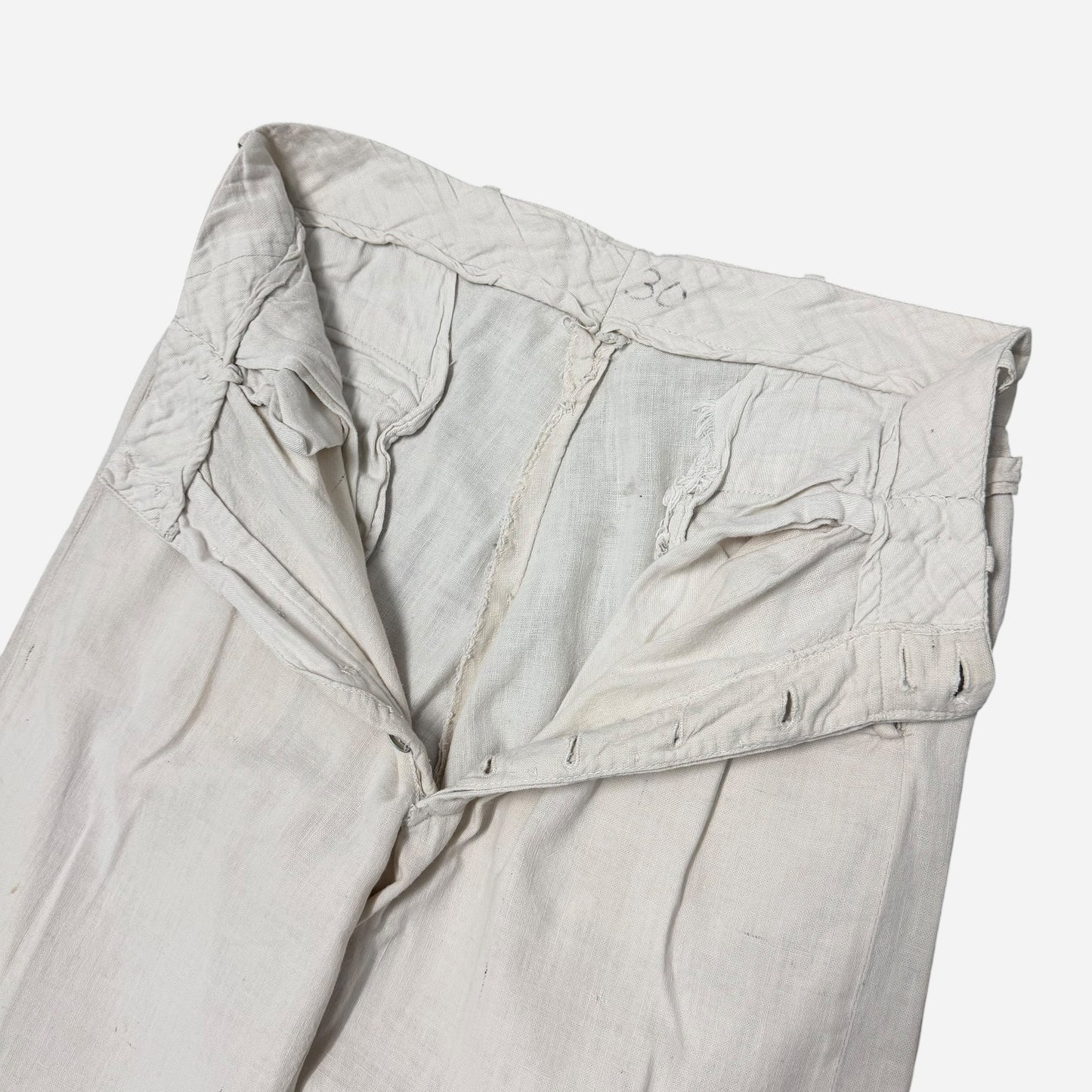 1930s Double button side cinch white cotton summer pants (29w)