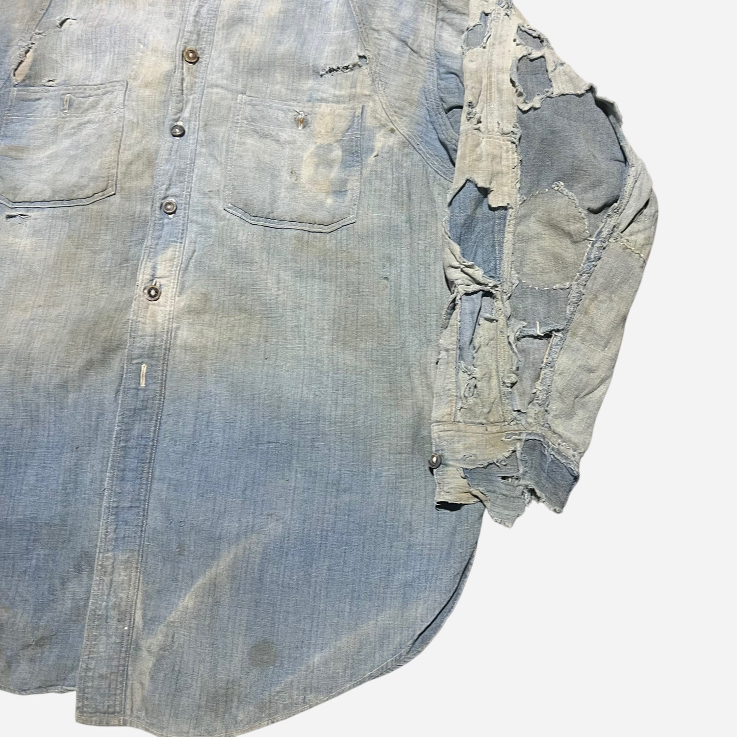 1920s Heavily repaired chinstrap chambray shirt (M/L)